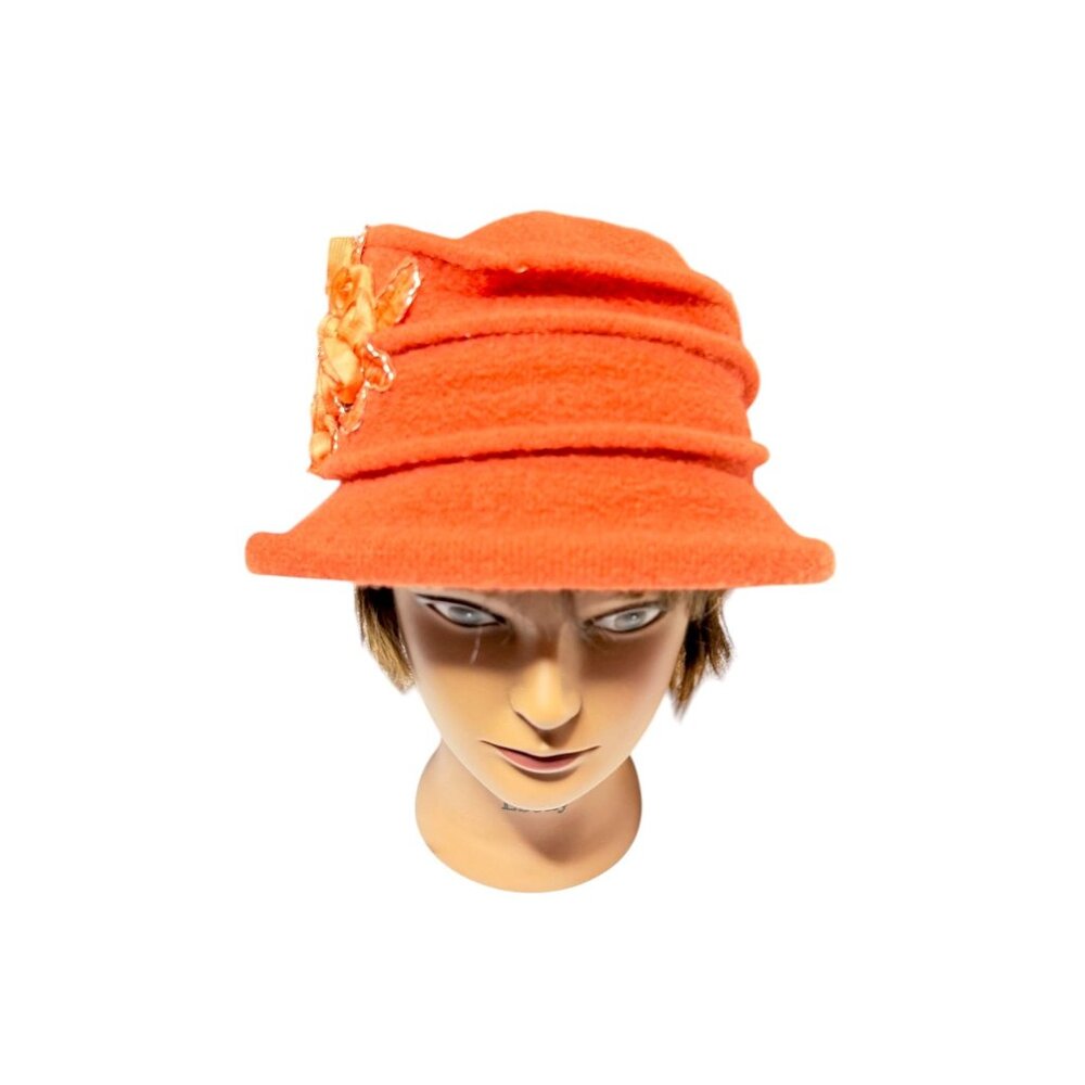 KaKyCo Women's Orange Wool Knitted Cloche With Flowers With Embellishment